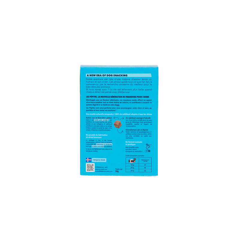 Ingrédient de la boîte de friandises pour chien - Pépites Delamour au cabillaud