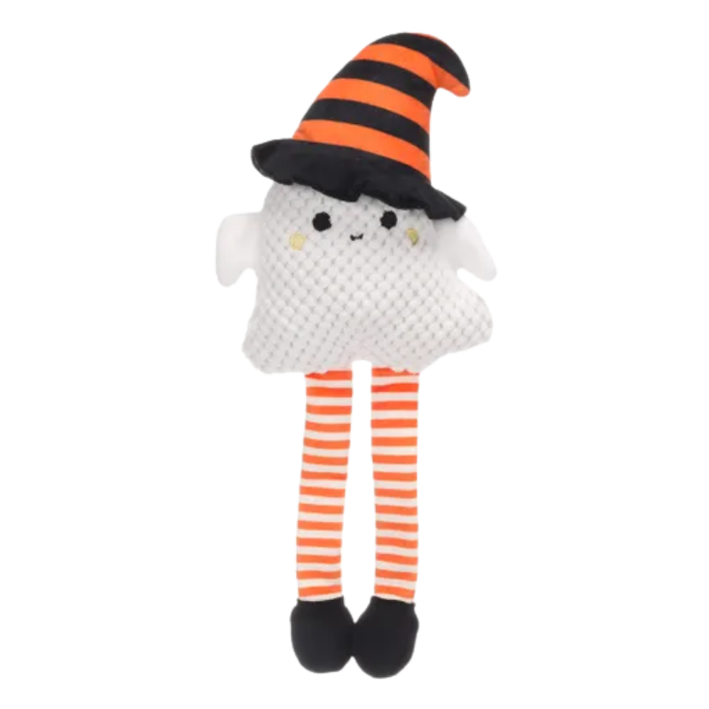Peluche casper de fantome, avec chapeau et jambes Ă  rayures noires et oranges