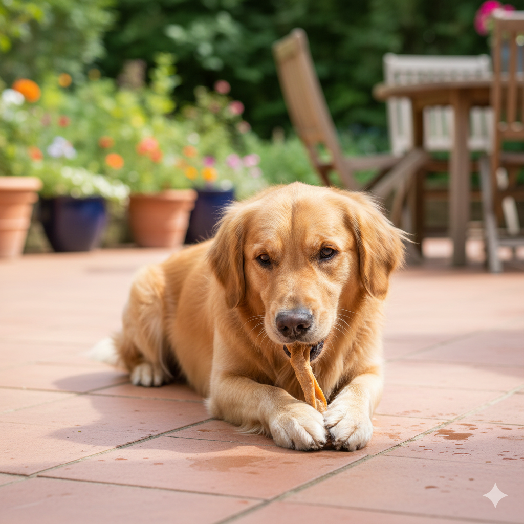 Chien qui mastique une peau d'agneau, couché sur une terrasse