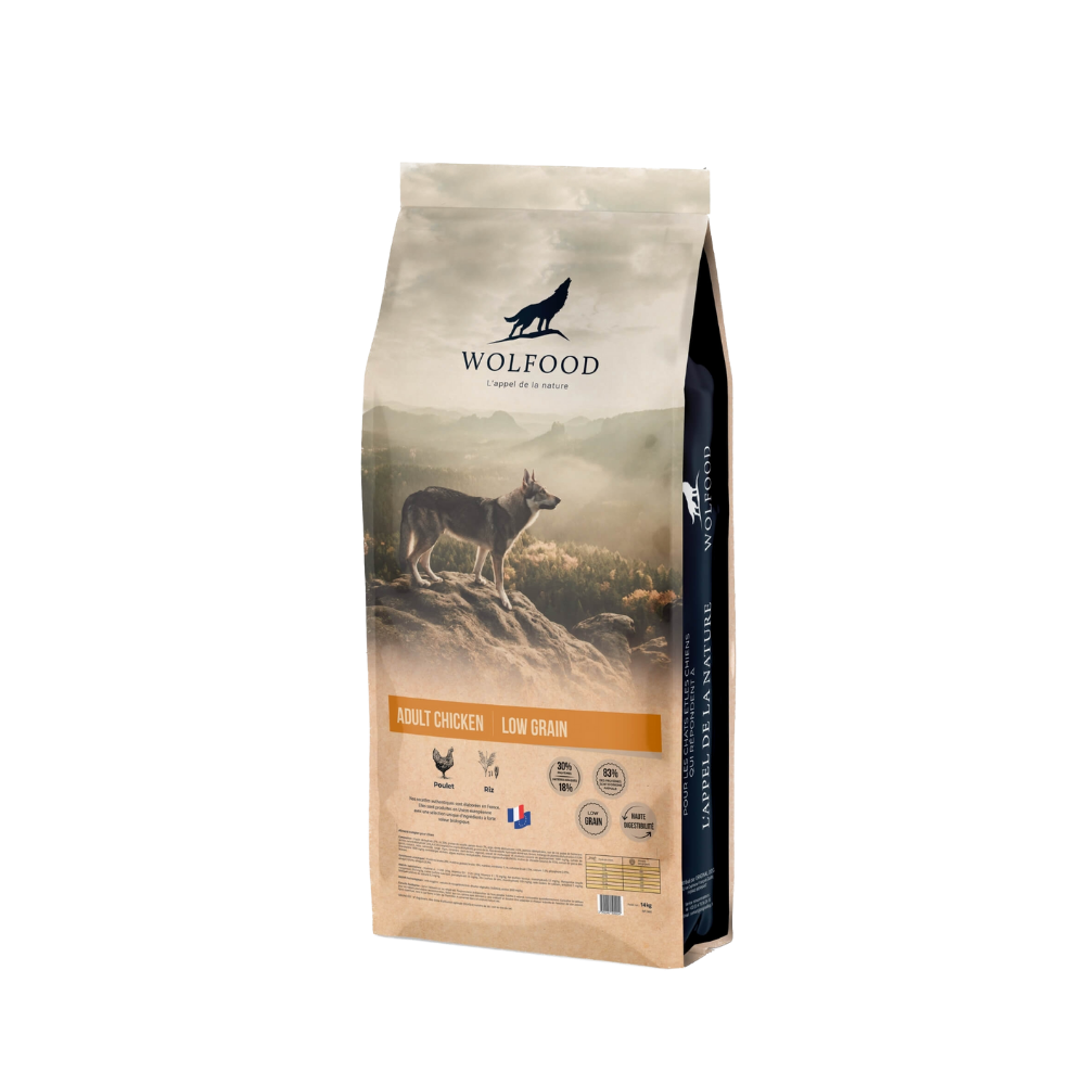 Croquettes pour chien adulte, faible en céréales, au poulet, sac de 14kg