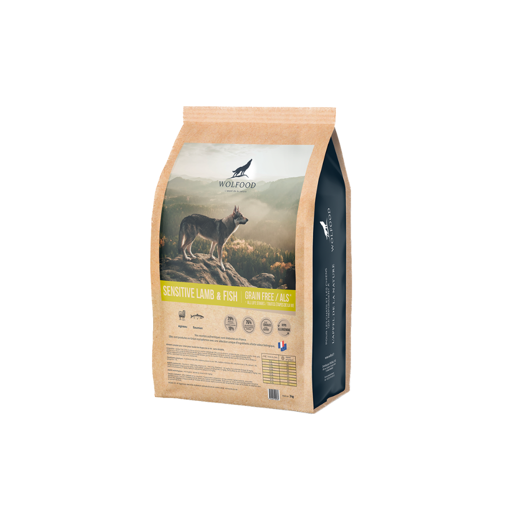 Croquettes pour chien sans céréales, facile à digérer, à l'agneau et au poisson. Adapté à tout âge, sac de 3kg