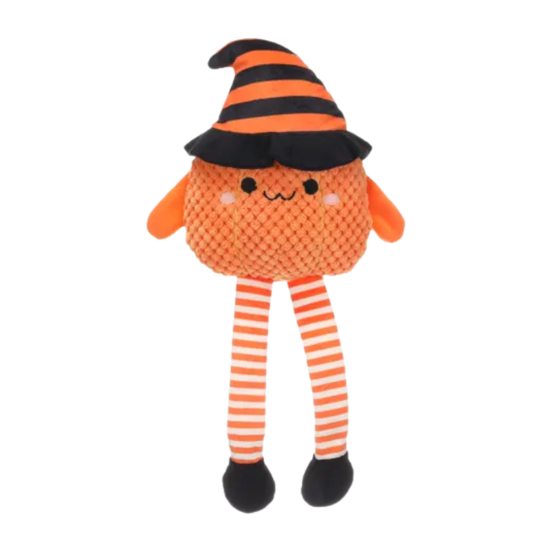 Peluche Jack la citrouille avec chapeau Ă  rayures noires et oranges et jambes blanches et oranges