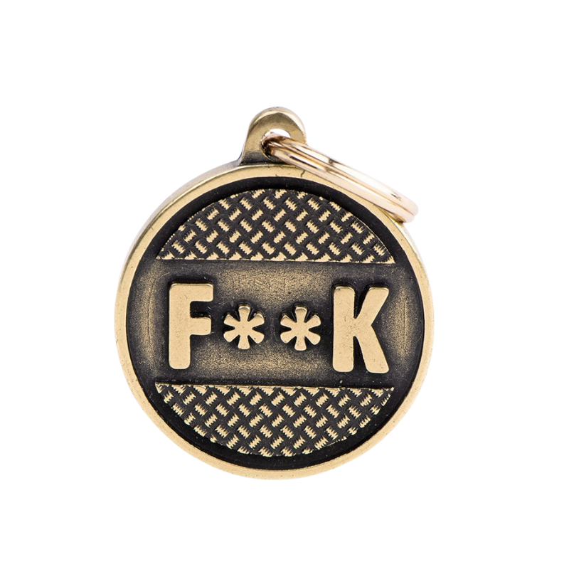 Médaille en forme de cercle inscrit "F**K" en laiton