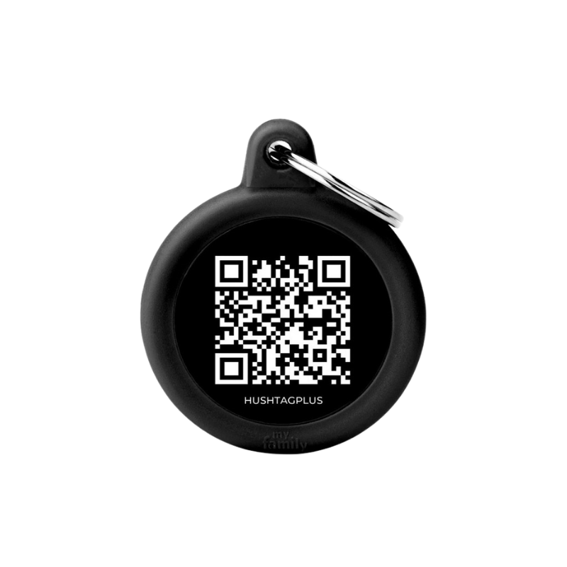Médaille en forme de cercle noir avec contour en caoutchouc noir et QR code central