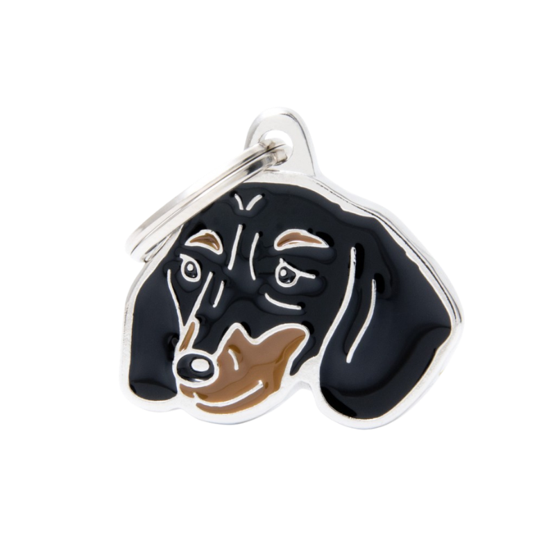 Médaille pour chien forme Teckel noir marbré