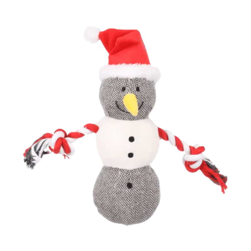 Peluche olaf le bonhomme de neige blanc et gris à ragure avec un bonnet rouge et blanc de noël et cordes à la place des bras