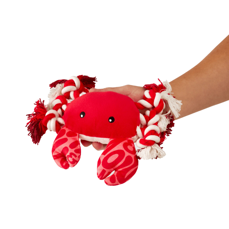 Peluche pour chien Howie le crabe dans une main pour montrer la taille