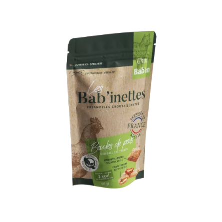 Friandises pour chat au poulet de la marque Bab'in. Pour prévenir les boules de poils.