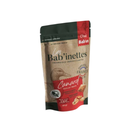 Friandises pour chat au canard de la marque bab'in. Pour chats adultes stérilisés et non stérilisés à partir de 10 mois