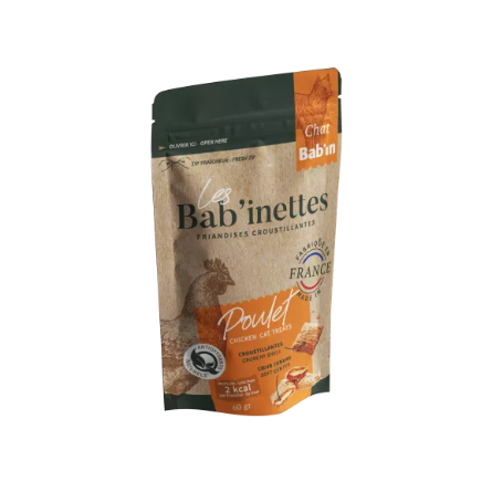 Friandises pour chat au poulet de la marque Bab'in. Pour chats adultes stérilisés et non stérilisés à partir de 10 mois