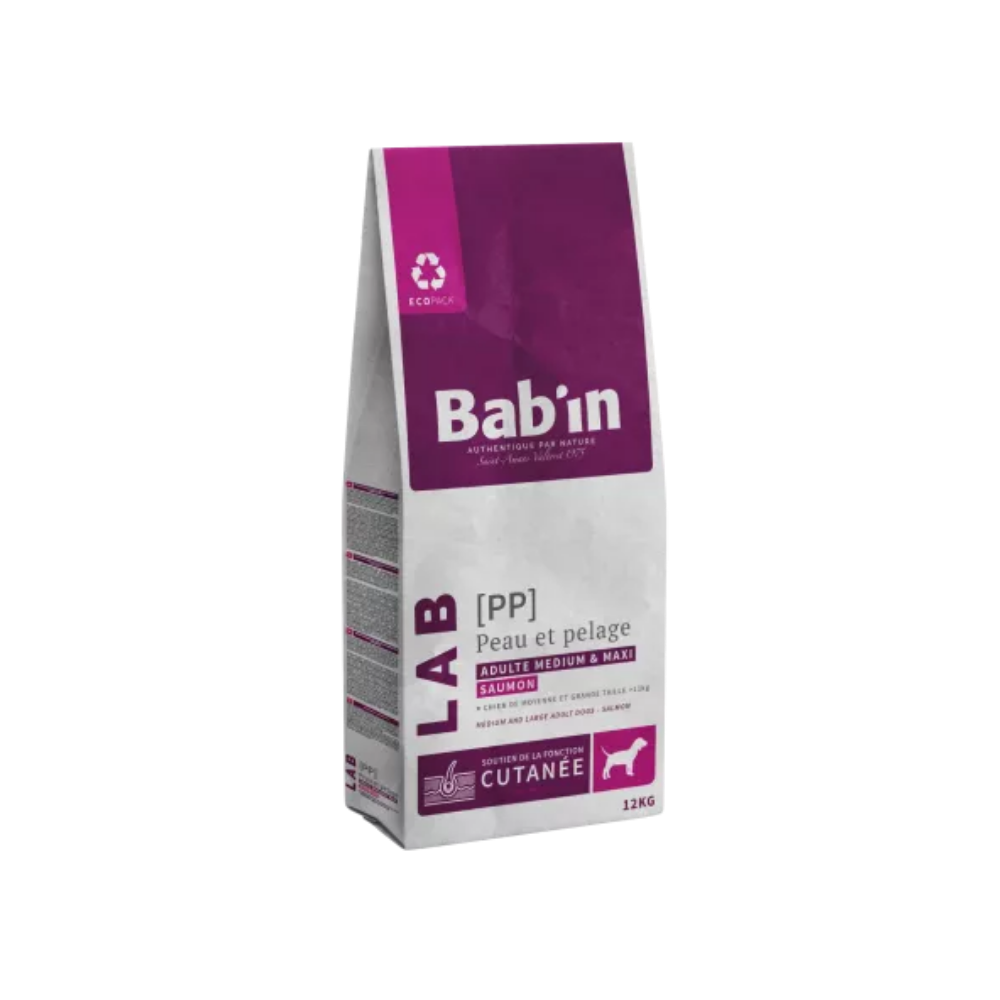 Sac de croquette Bab'in LAB peau et pelage pour chien medium et maxi, au saumon