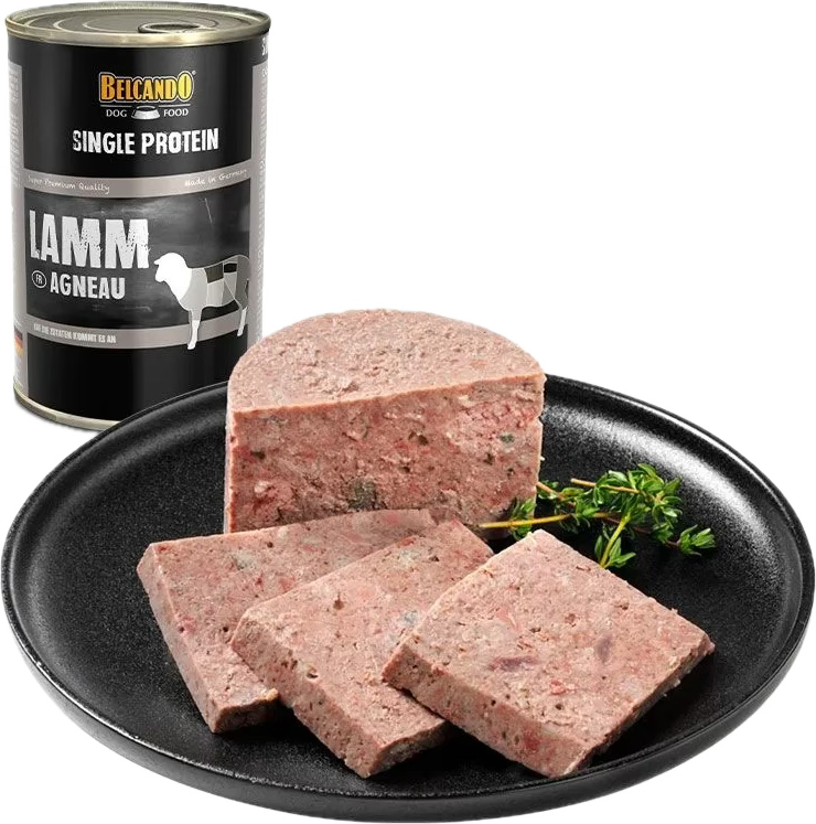 Pâtée pour chien, mono protéiné à l'agneau, tranches, de la marque Belcando