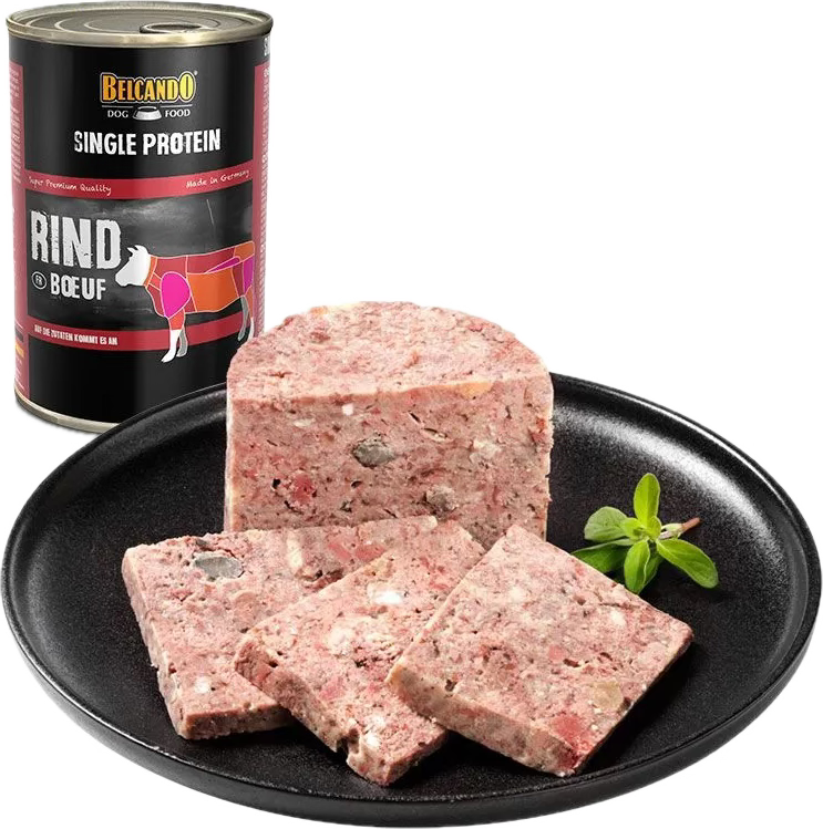 Pâtée pour chien, mono protéiné au boeuf, tranches, de la marque Belcando
