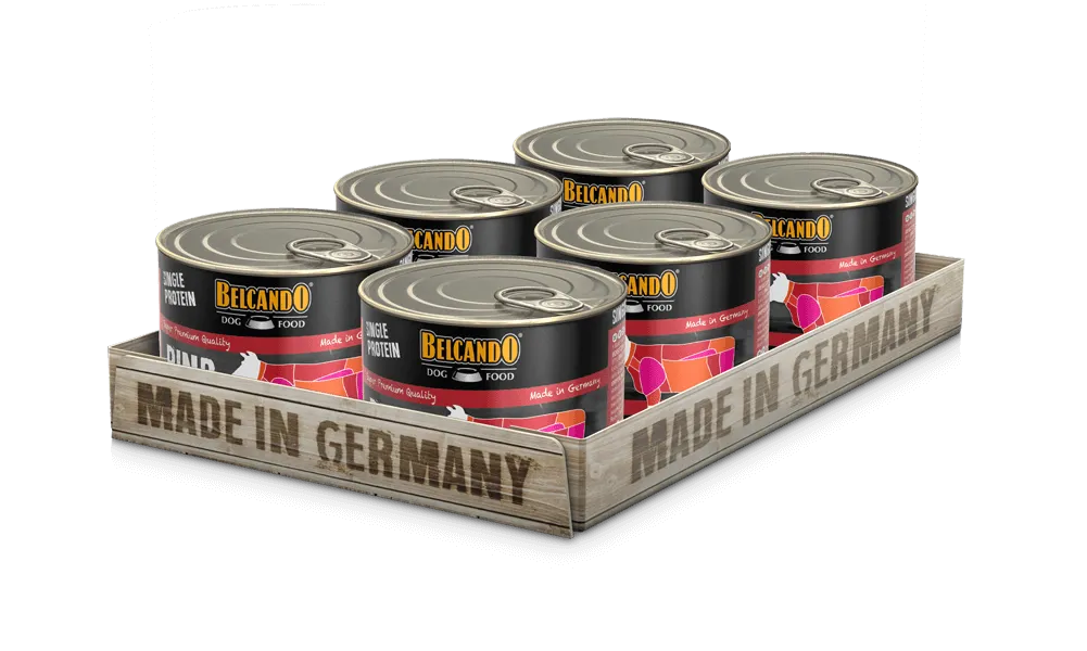 Plateau de six conserve de pâtées mono-protéinées au boeuf, pour chien de la marche Belcando