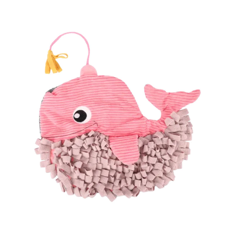 Tapis de fouille en forme de baleine de couleur rose, avec bruits de craquement et bandelettes en tissus pour cacher les friandises
