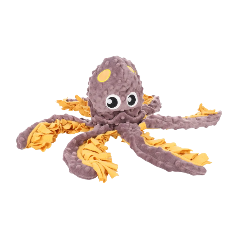 Tapis de fouille en forme de poulpe de couleur taupe et orange, tentacules déployées, avec bruits de craquement et bandelettes en tissus pour cacher les friandises