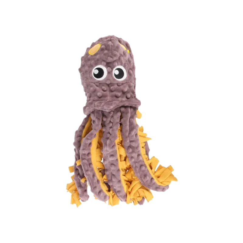 Tapis de fouille en forme de poulpe de couleur taupe et orange, avec bruits de craquement et bandelettes en tissus pour cacher les friandises