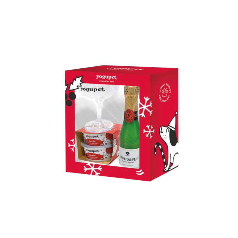 Box Yogupet de Noël avec champagne pour chien yaourt et coupe