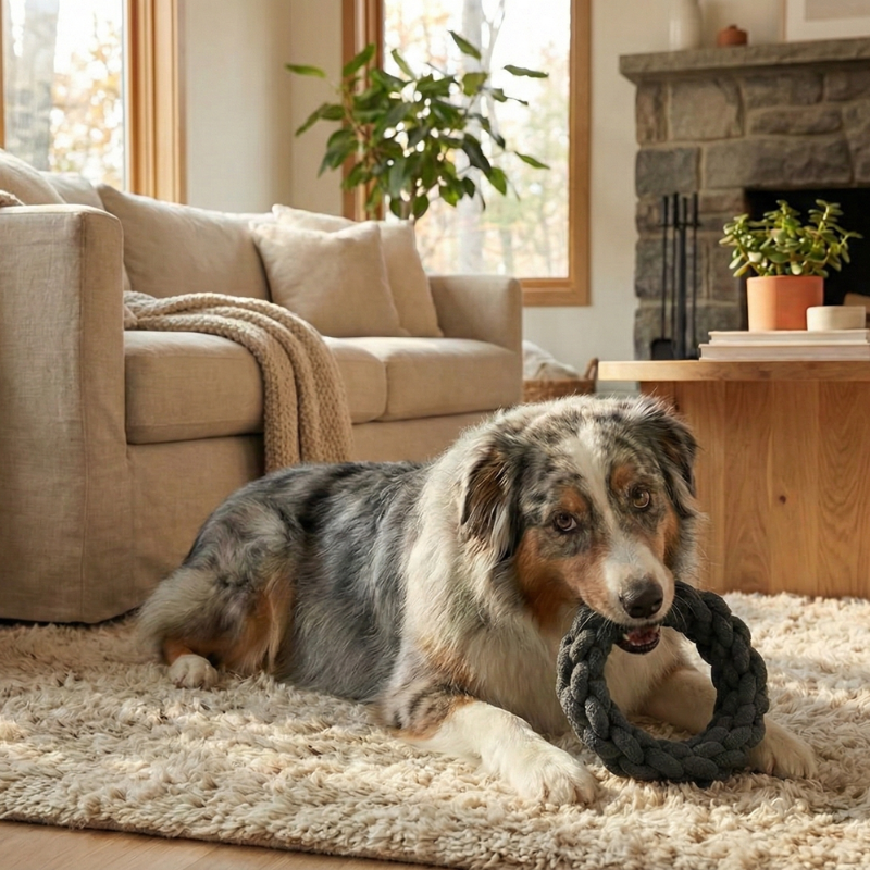 Chien détendu dans un salon qui mâchouille le jouet anneau en corde tissée pour chien, occupation et hygiène dentaire