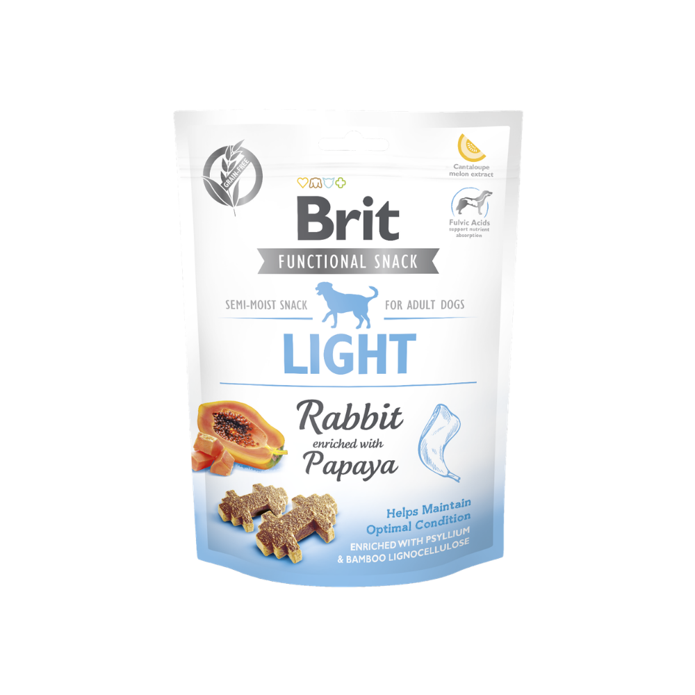 Friandise pour chien semi-humide faible en calorie conçue pour maintenir le poids du chien. Au lapin et à la papaye, Brit.