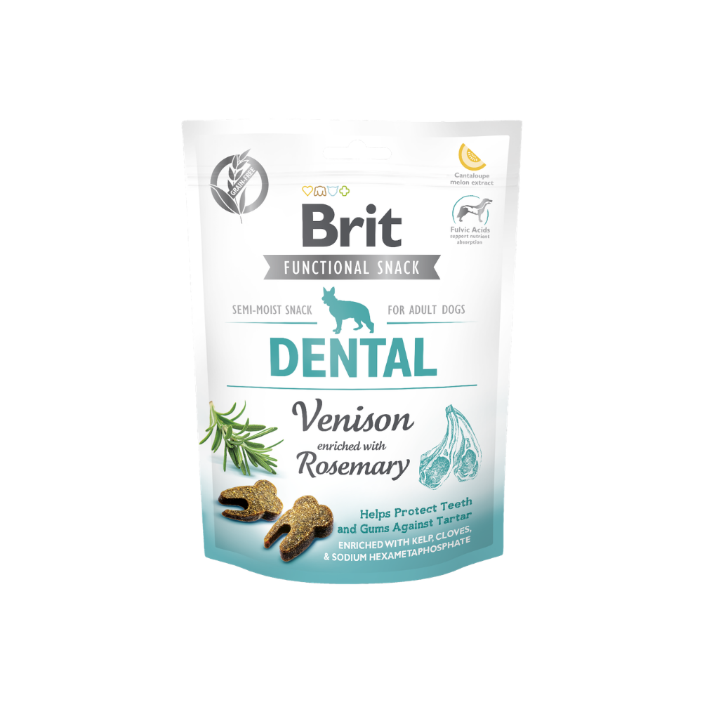 friandise semi-humide pour chien, agit sur la protection des dents et des gencives, au venaison et romarin. Brit