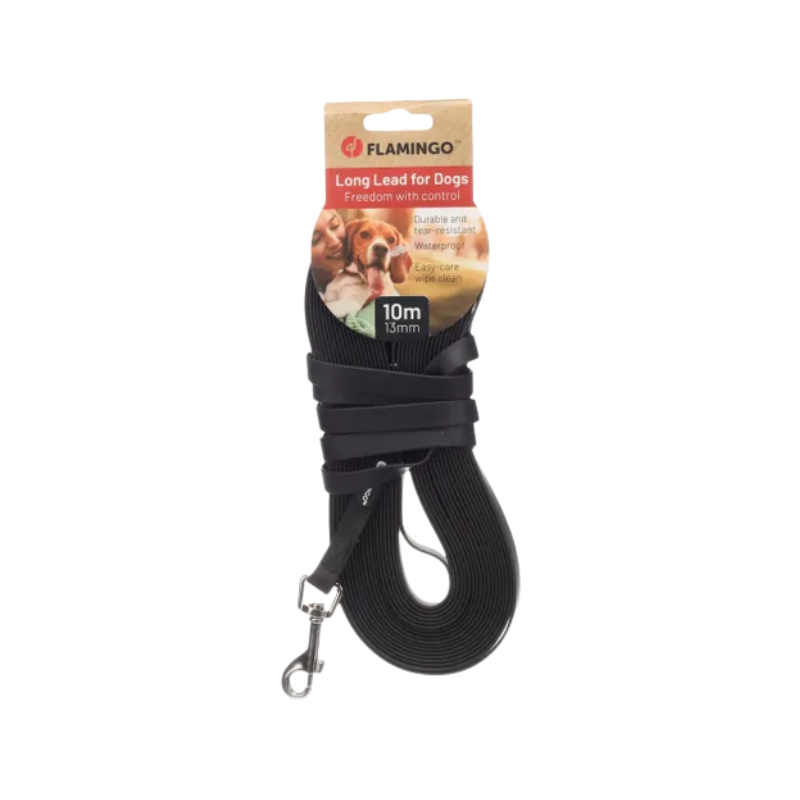 Longe en biothane couleur noir, dans son emballage