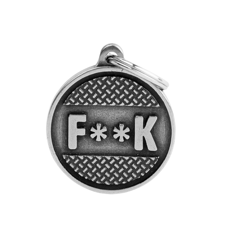 Médaille en forme de cercle inscrit "f**k" en argent ancien