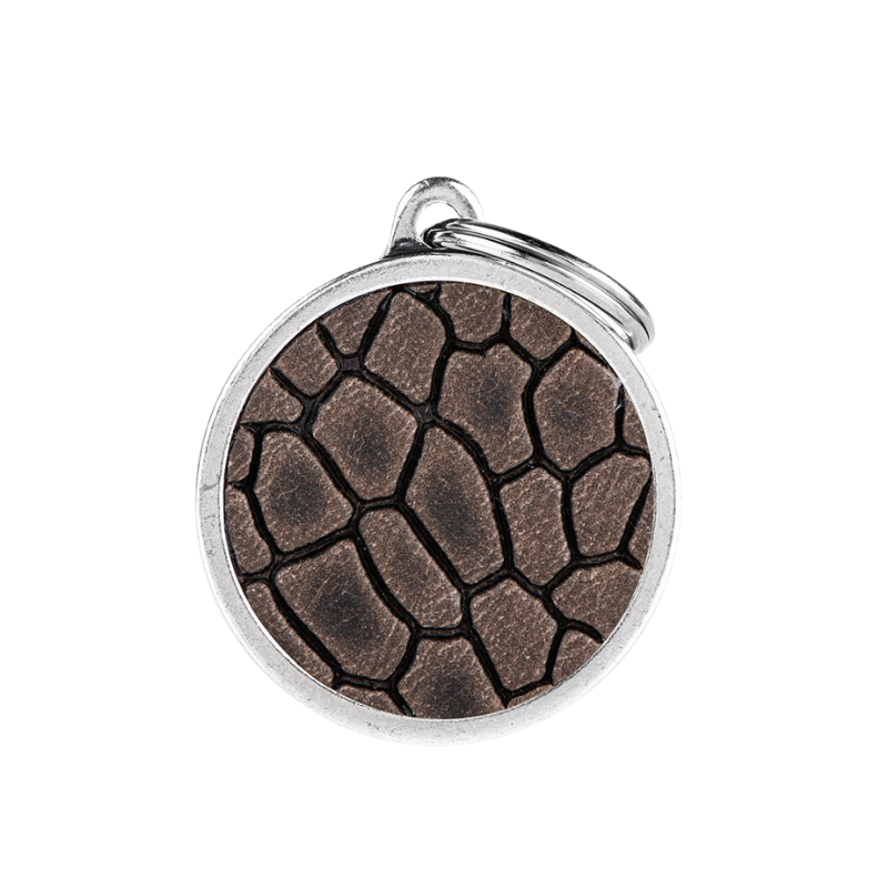 Médaille en forme de cercle avec cuir gris véritable et contour argenté
