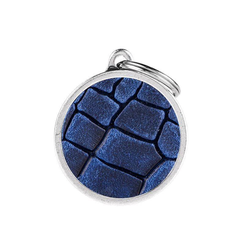 Médaille en forme de cercle en cuir véritable bleu et contour argenté