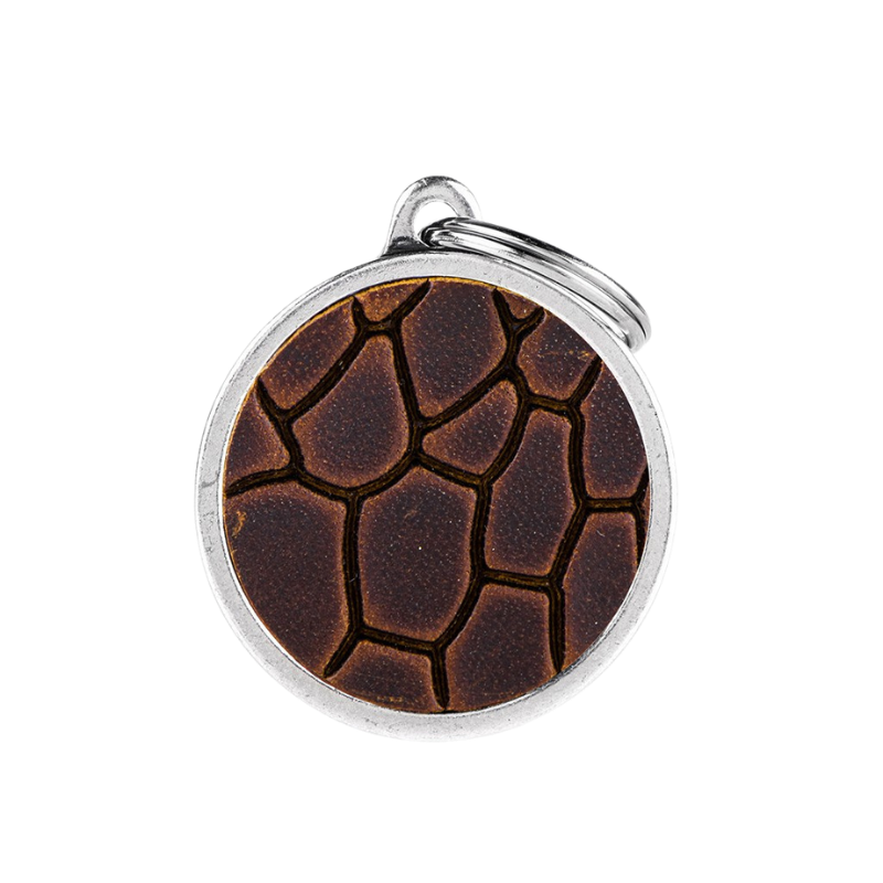 Médaille en forme de cercle en cuir véritable marron et contour argenté