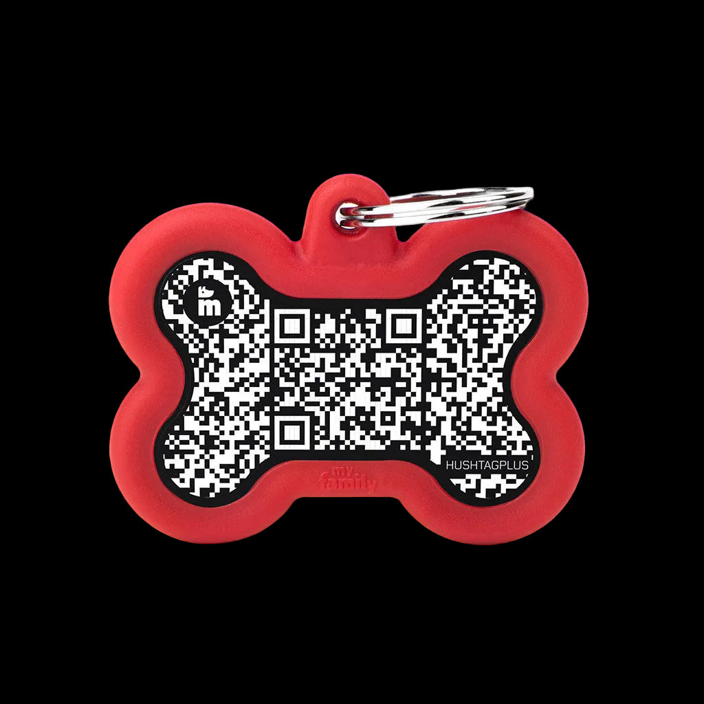 Médaille en forme d'os rouge avec un contour en caoutchouc et avec QR code