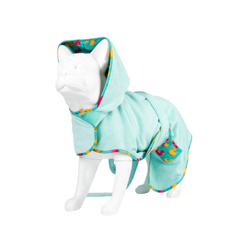 Peignoir pour chien canard marque max et molly porté, vue avant