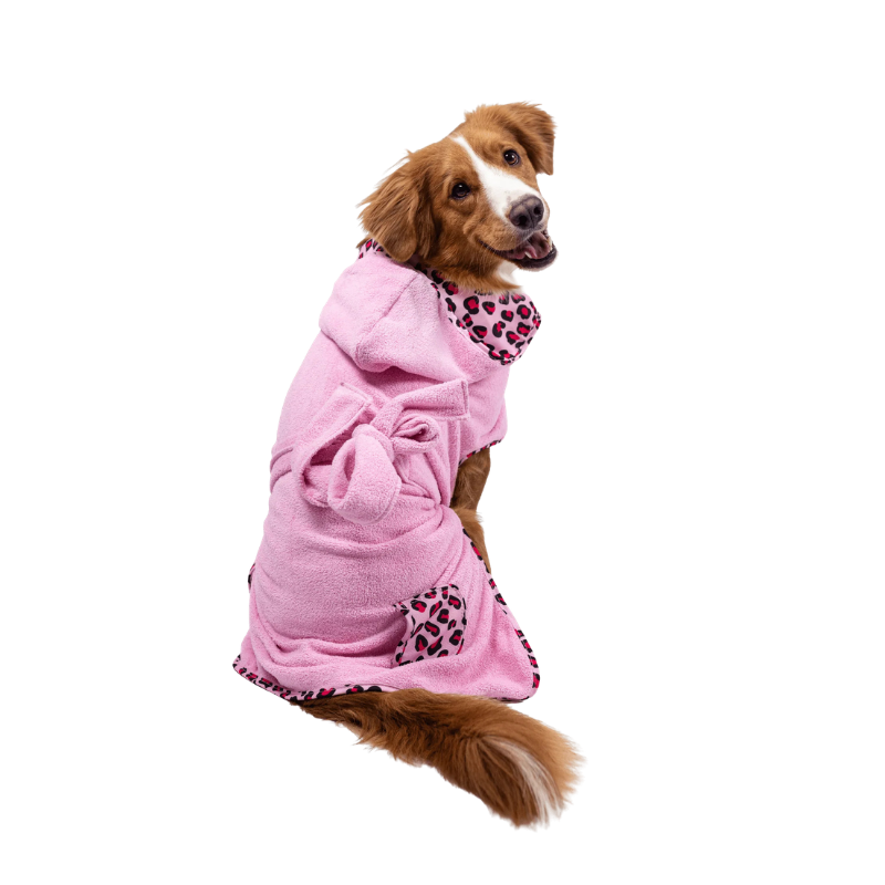 Peignoir pour chien leopard rose marque max et molly porté, vue de dos