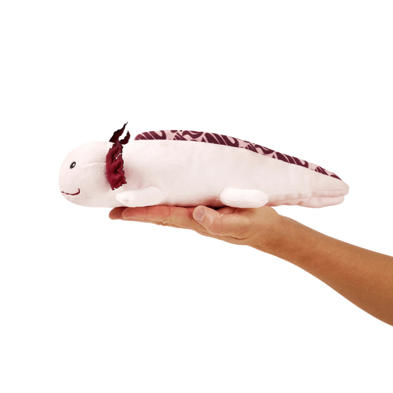 Peluche pour chien Axel l'Axolotl posé sur une main pour montrer la taille