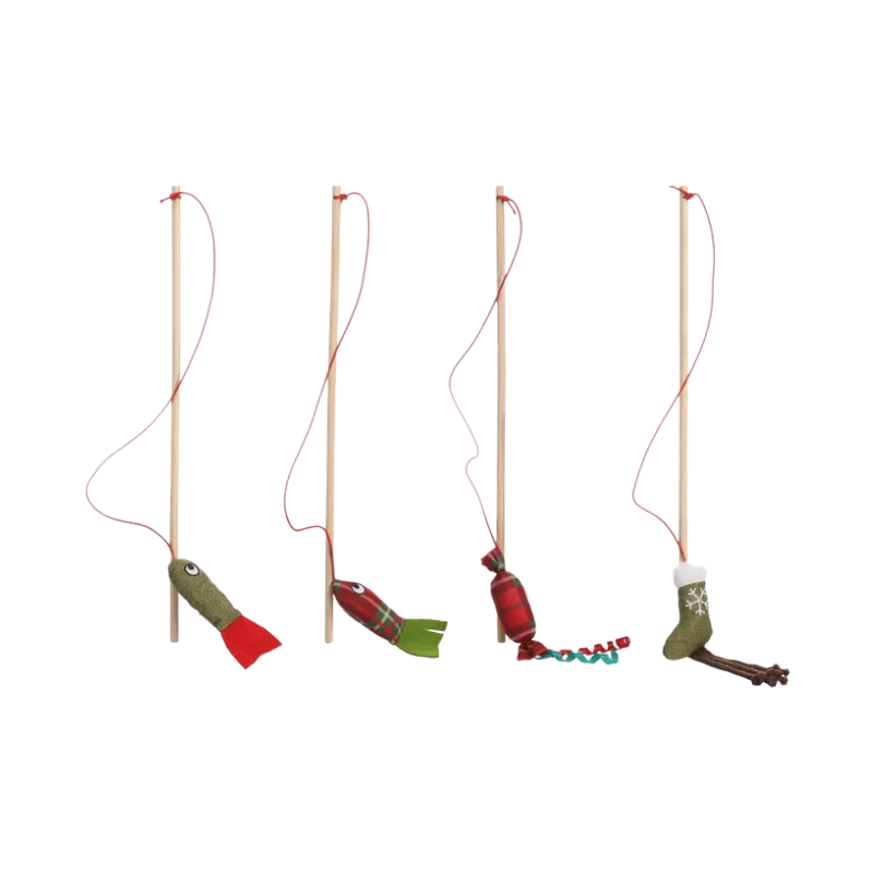 4 cannes à pêche pour chat thème noël, 2 poissons, une papillote et un chausson