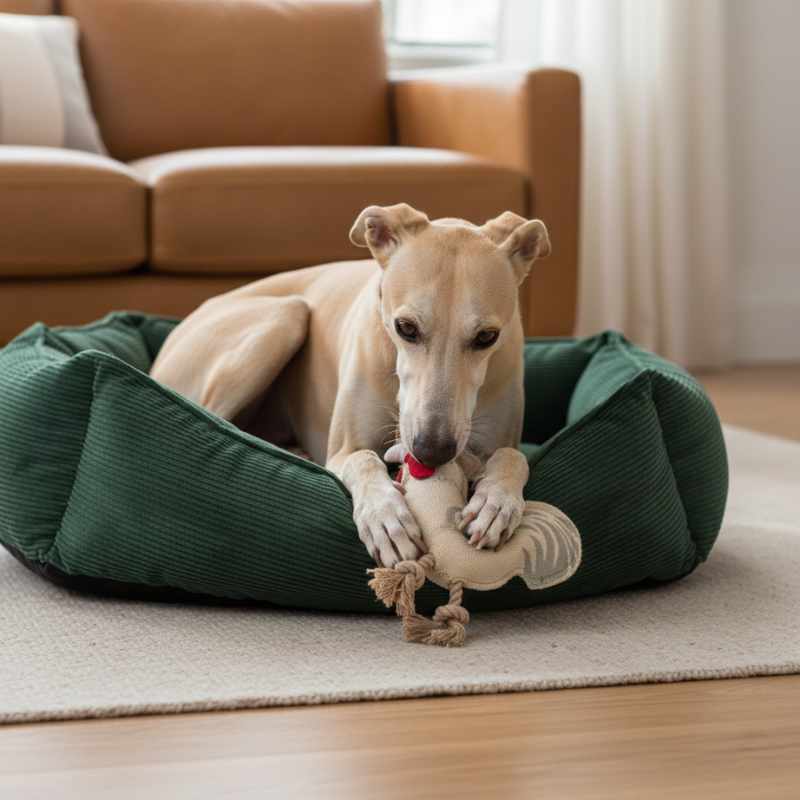 Un chien qui mâchouille le jouet en toile de juste avec 2 corde en forme de coq