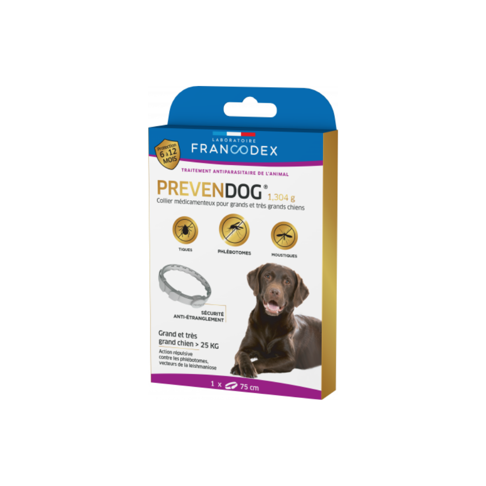 Collier répulsif contre les tiques, moustiques et phlébotomes. Pour chiens de plus de 25kg