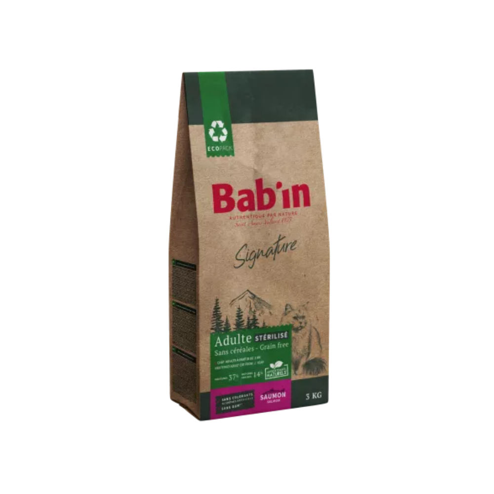 Sac de croquette Bab'in Signature pour chat adulte stérilisé, au saumon, sans céréales